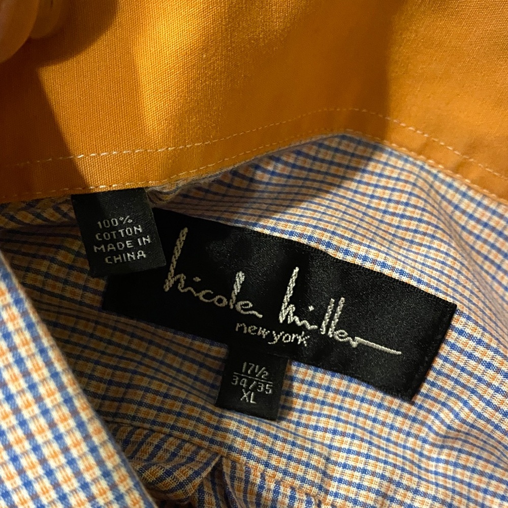 NICOLE MILLER orange blue check stripe dress shirt XL 17.5 35/35
